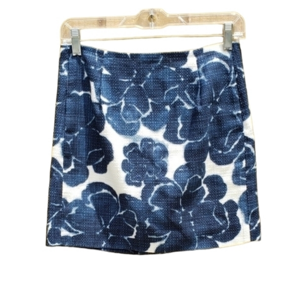 J. Crew Tweed Blue White‎ Floral Cotton Abstract Mini Skirt Size 00 XXS NWOT